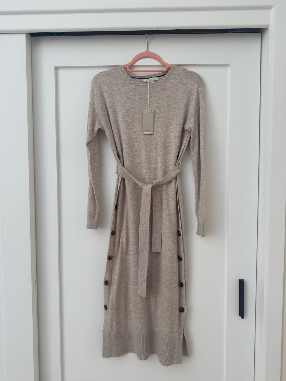Boden Taupe Knit Long-Sleeve Belted Midi Dress